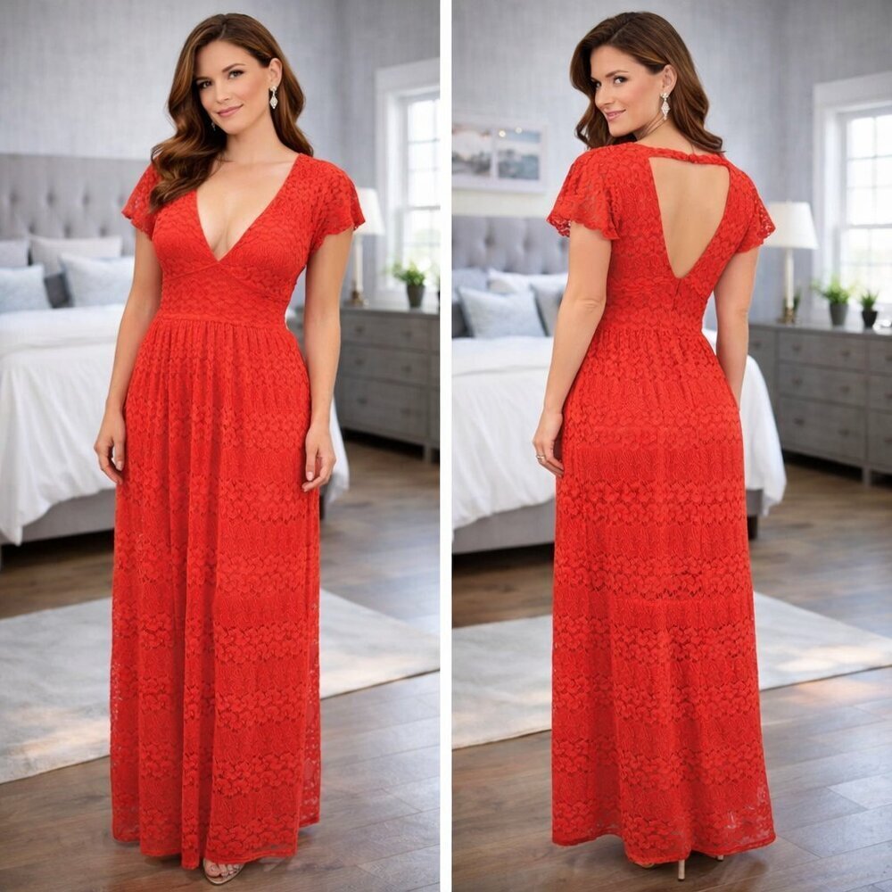 NWT Bebe Tanya Flutter Sleeve Crochet Lace Maxi Dress $149